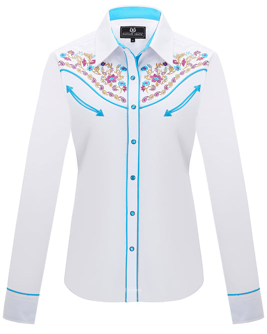 Women's White Floral Embroidered Western Pearl Snap Shirt