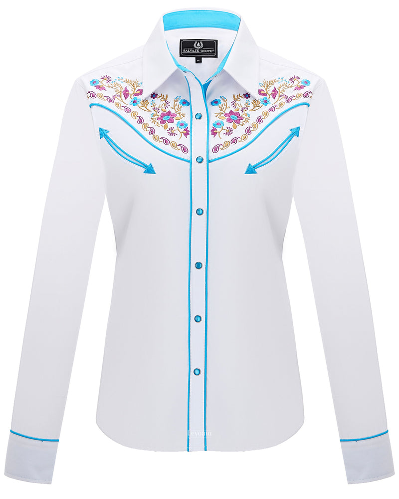 Women's White Floral Embroidered Western Pearl Snap Shirt