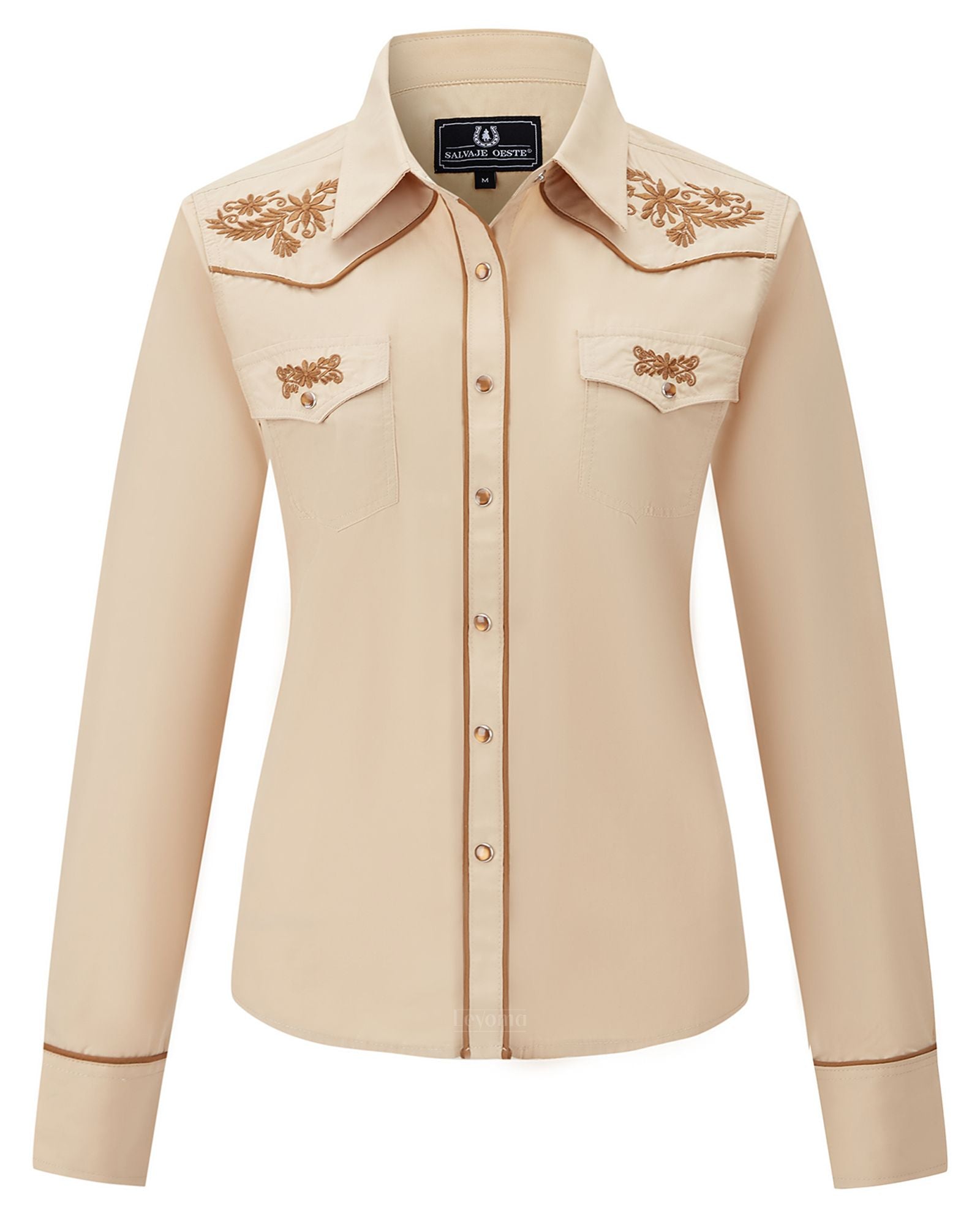 Women's Tan Western Floral Embroidered Pearl Snap Long Sleeve Shirt by Salvaje Oeste - Desert Belle Medium Women's Tan Western Floral Embroidered Pearl Snap Long Sleeve Shirt by Salvaje Oeste - Desert Belle Medium