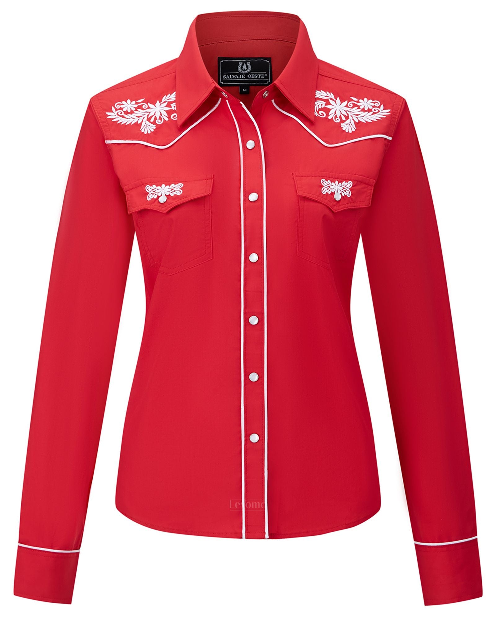 Women's Red Western Floral Embroidered Pearl Snap Long Sleeve Shirt by Salvaje Oeste - White Rose Leyoma Women's Red Western Floral Embroidered Pearl Snap Long Sleeve Shirt by Salvaje Oeste - White Rose Leyoma