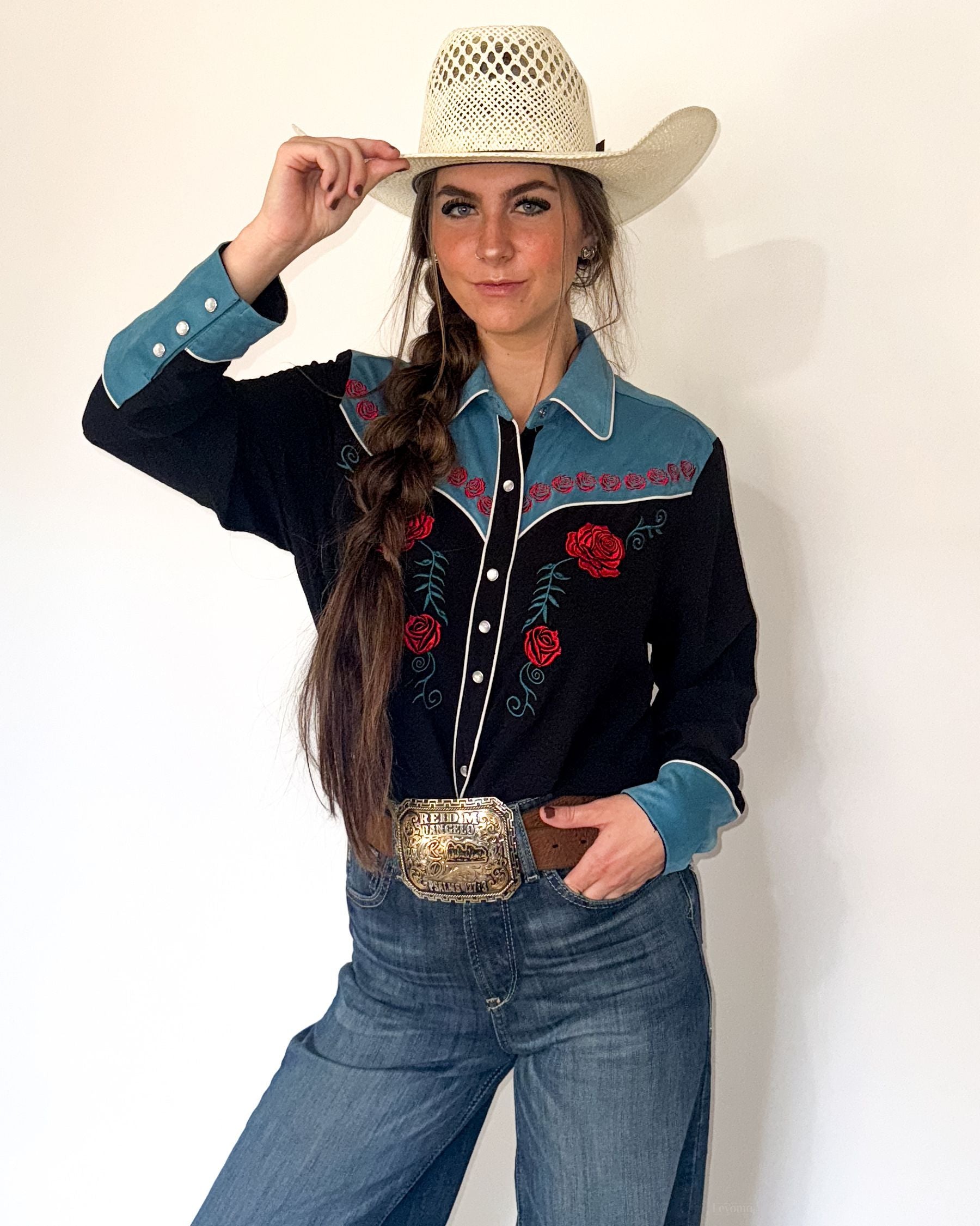 Women's Blue & Black Western Rose Embroidered Pearl Snap Long
