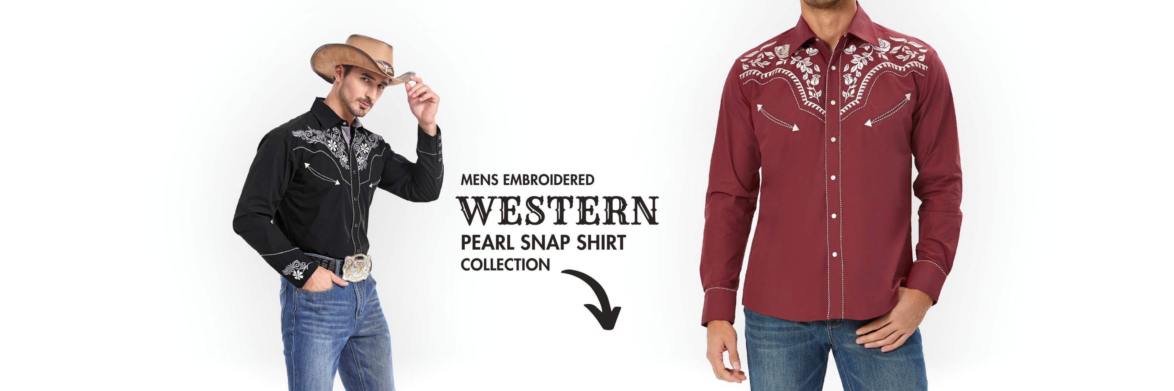 Leyoma Mens Embroidered Western Pearl Snap Shirt Collection Banner for Desktop