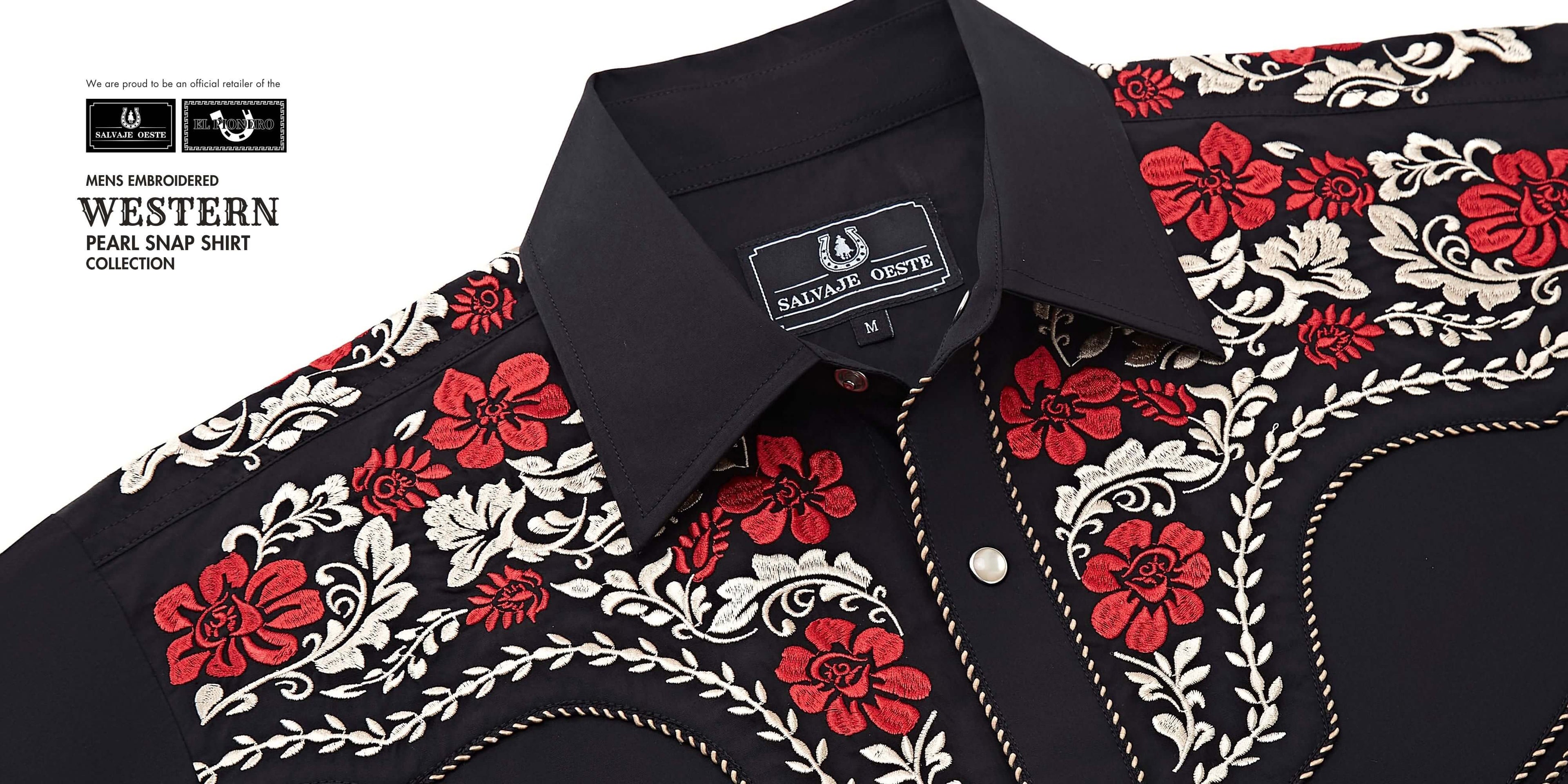 Black and red floral embroidered western pearl snap shirt from Leyoma’s best‑selling Men’s Western Embroidered Pearl Snap Shirt Collection