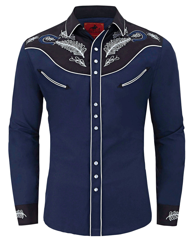 Admiral Blue Men's Embroidered Western Pearl Snap Shirt