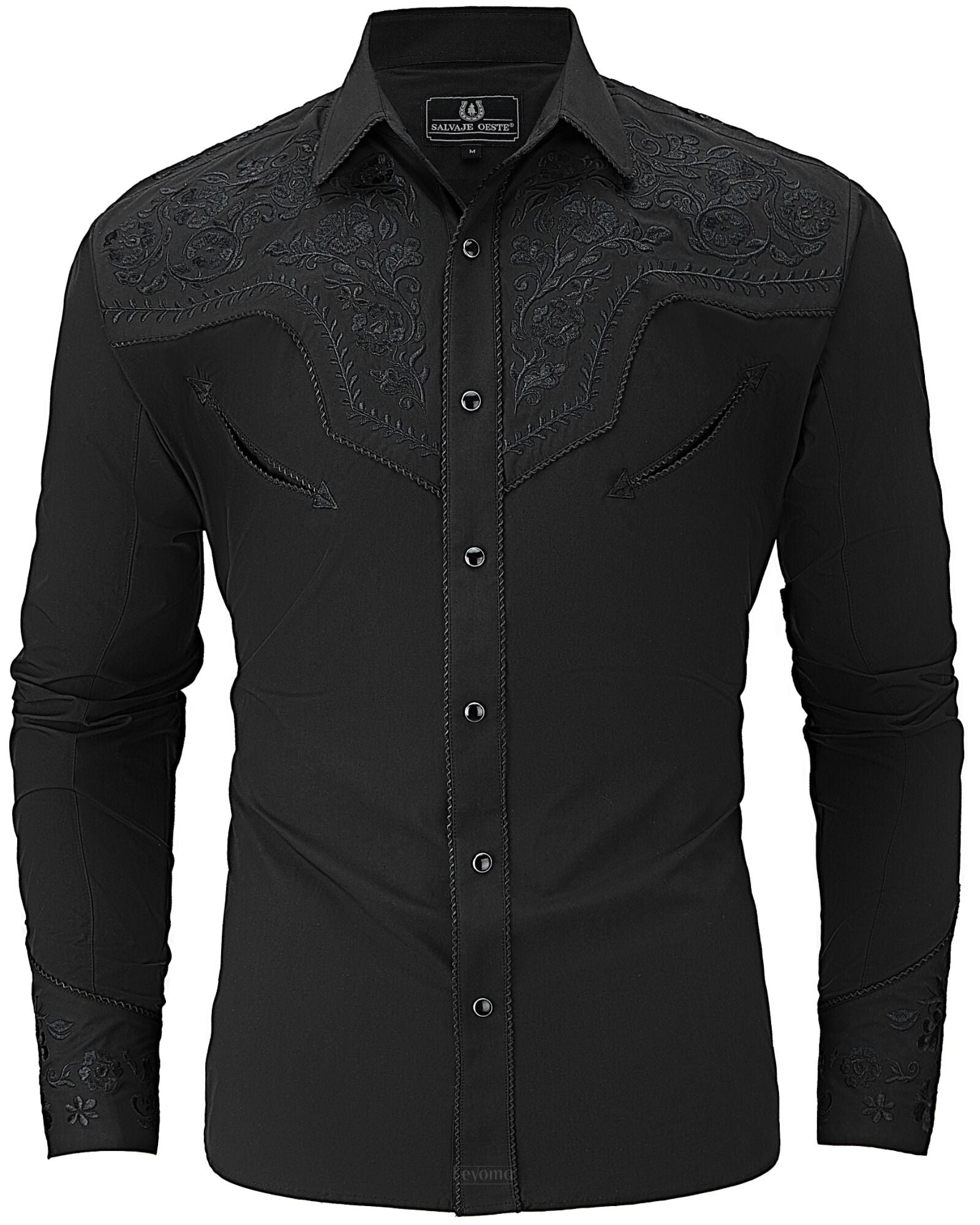 Mens All Black Modern Embroidered Western Pearl Snap Shirt Large Mens All Black Modern Embroidered Western Pearl Snap Shirt Large