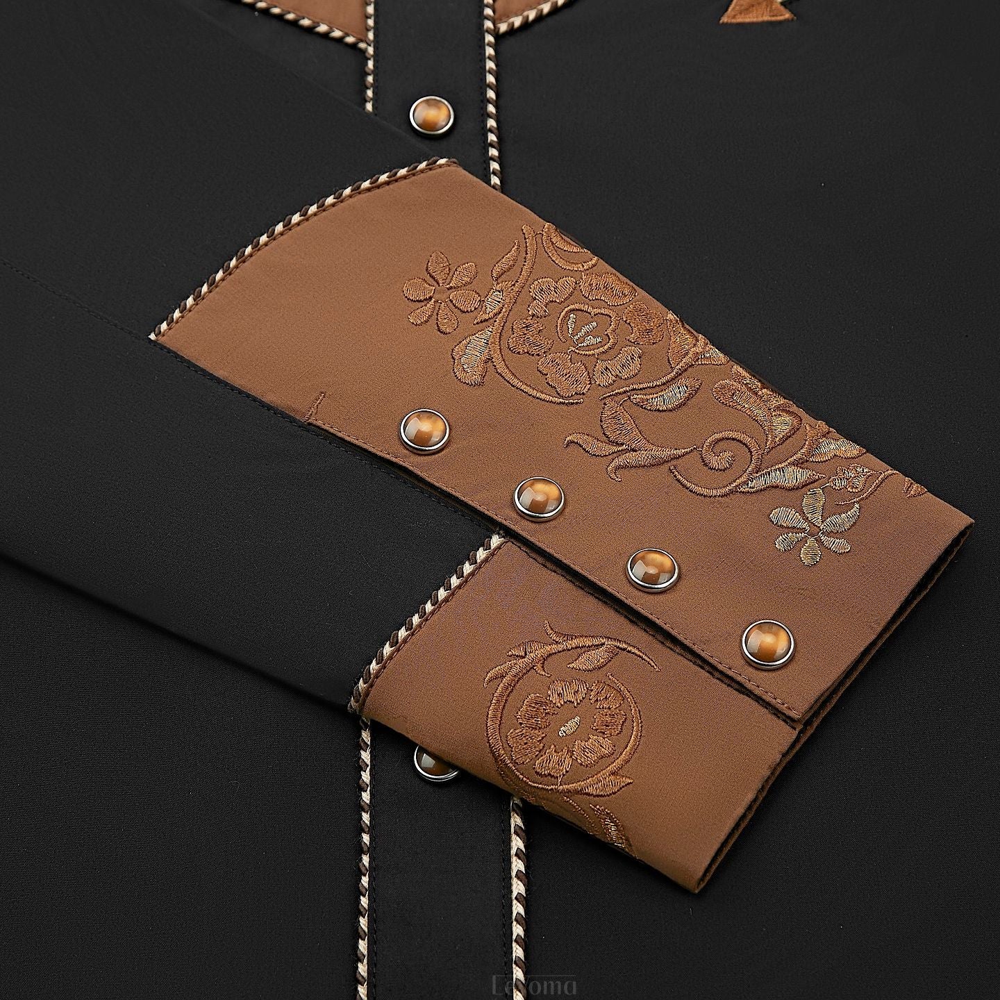 Black & brown pearl snap cowboy shirt with detailed floral embroidery - close-up cuffs image, X003BKC-27-black-coffee-S, X003BKC-27-black-coffee-M, X003BKC-27-black-coffee-L, X003BKC-27-black-coffee-XL, X003BKC-27-black-coffee-XXL, X003BKC-27-black-coffee-3XL