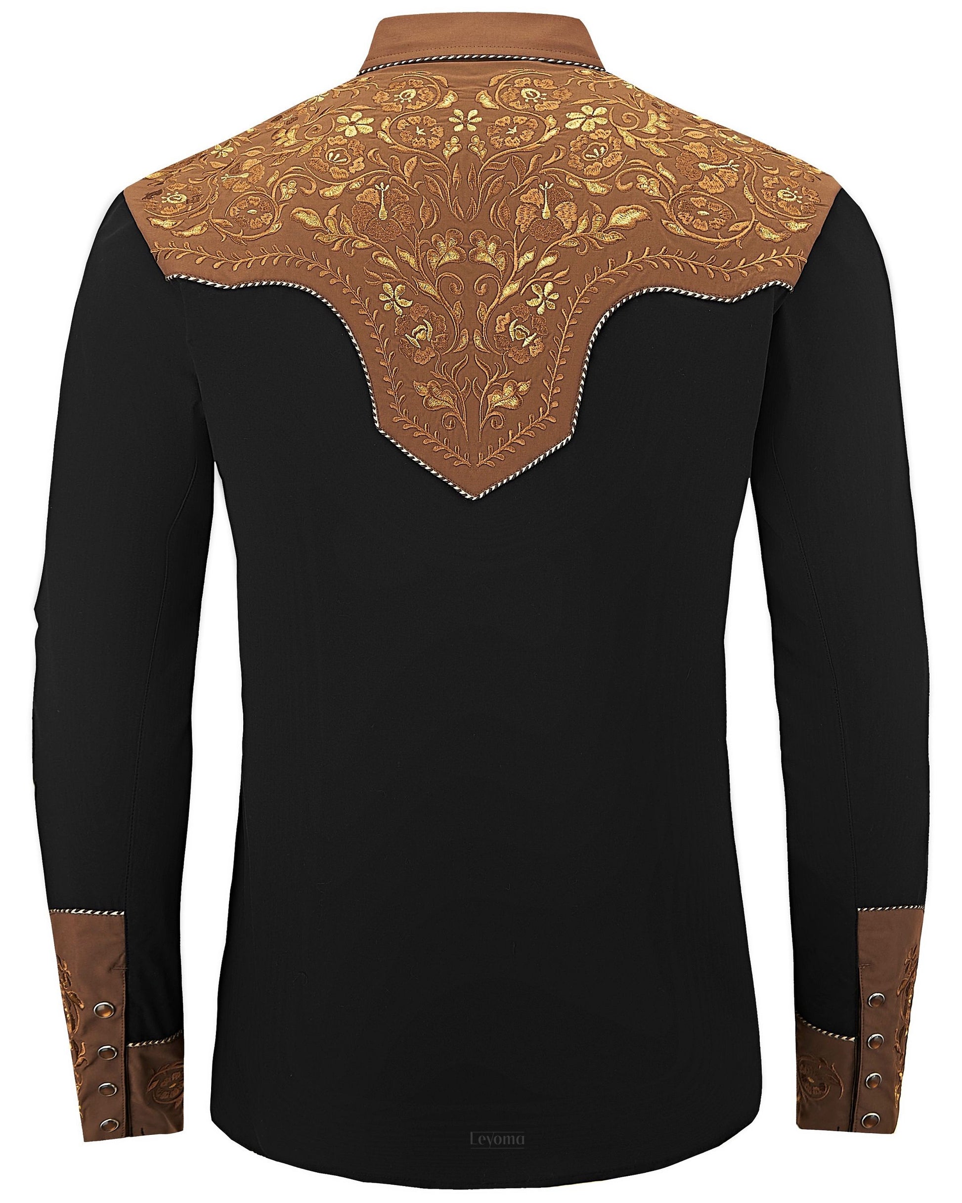 Black & brown pearl snap cowboy shirt with detailed floral embroidery - full backside image, X003BKC-27-black-coffee-S, X003BKC-27-black-coffee-M, X003BKC-27-black-coffee-L, X003BKC-27-black-coffee-XL, X003BKC-27-black-coffee-XXL, X003BKC-27-black-coffee-3XL