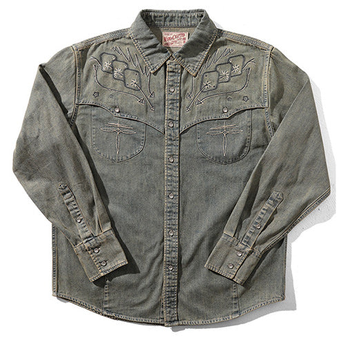 Men's Maverick Embroidered Washed Denim Western Long Sleeve Shirt