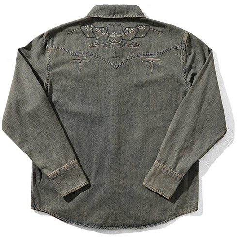 Men's Maverick Embroidered Washed Denim Western Long Sleeve Shirt