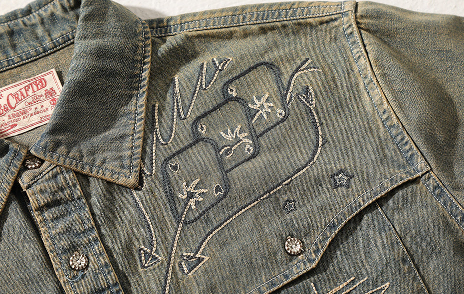 Men's Maverick Embroidered Washed Denim Western Long Sleeve Shirt