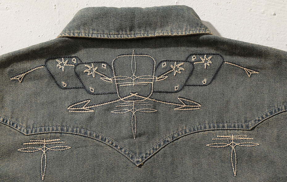 Men's Maverick Embroidered Washed Denim Western Long Sleeve Shirt
