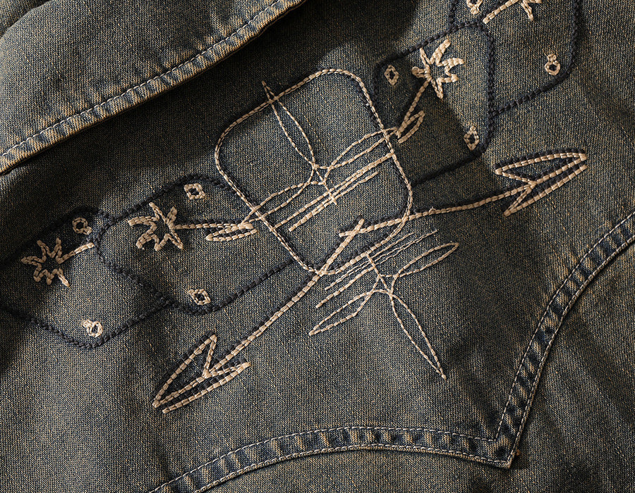 Men's Maverick Embroidered Washed Denim Western Long Sleeve Shirt