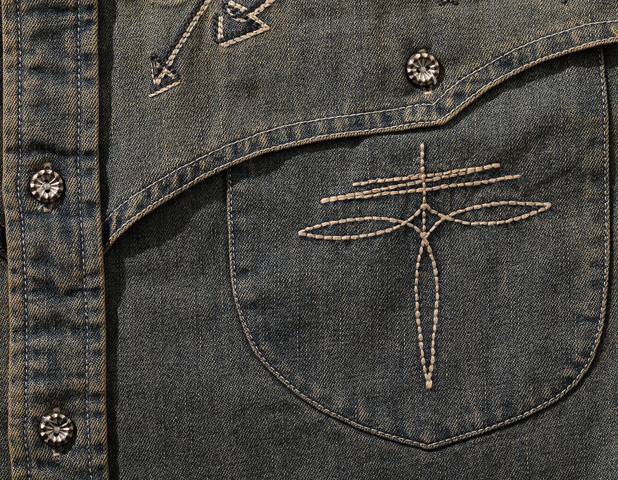 Men's Maverick Embroidered Washed Denim Western Long Sleeve Shirt