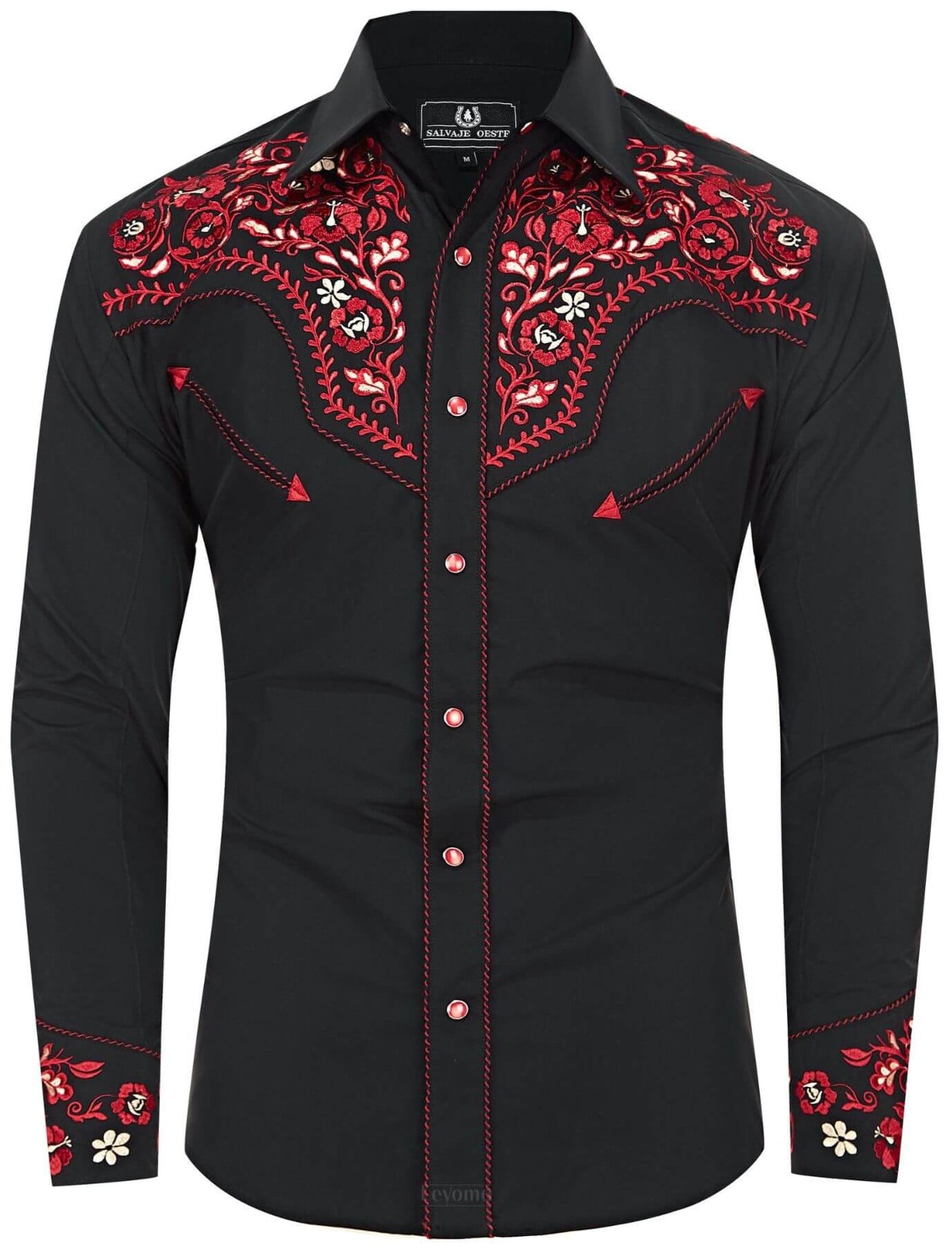 Black & Red Rose Cowboy Embroidered Dress Shirt for Men Small Black & Red Rose Cowboy Embroidered Dress Shirt for Men Small