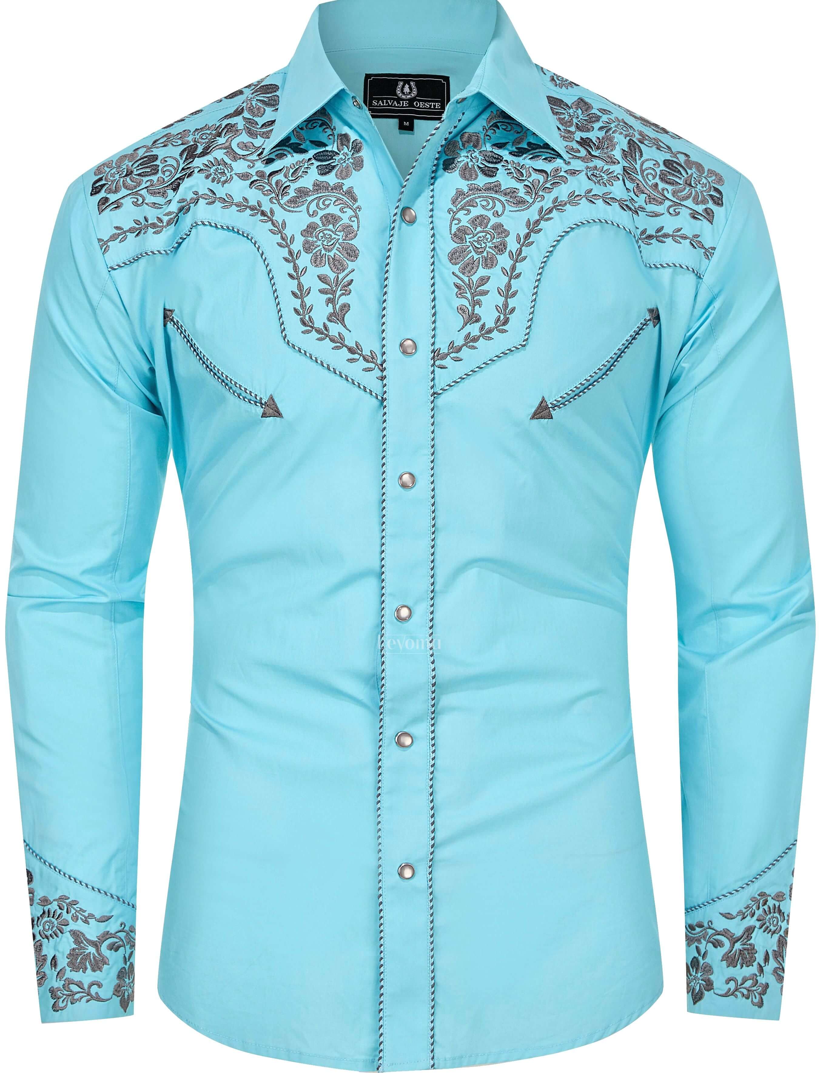 cowboy dress shirt Montana Sky-Blue Men's Embroidered Pearl Snap Shirt – Leyoma Medium