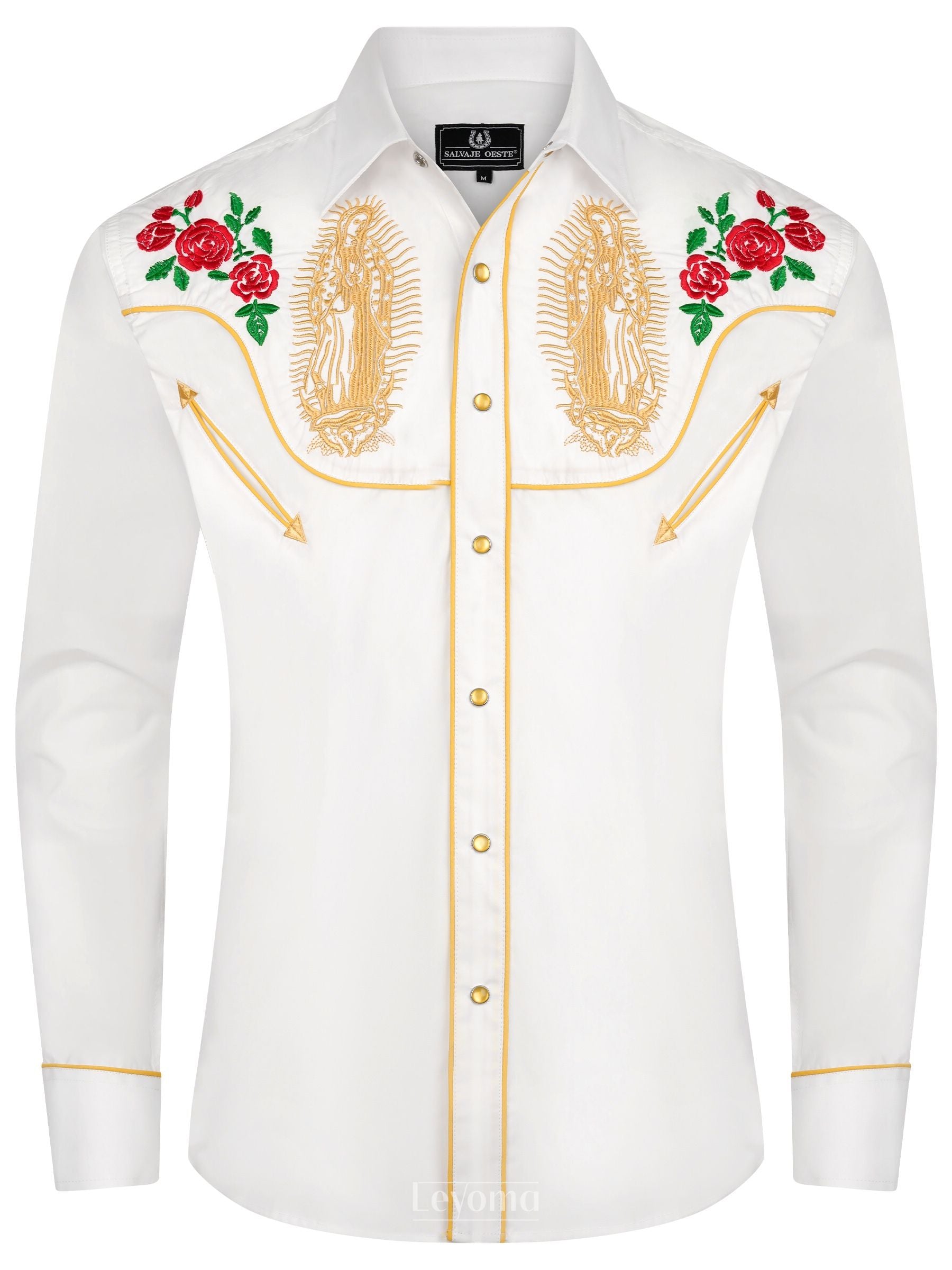 Mens White & Gold Mother Mary Embroidered Western Cowboy Shirt 3XL Mens White & Gold Mother Mary Embroidered Western Cowboy Shirt 3XL