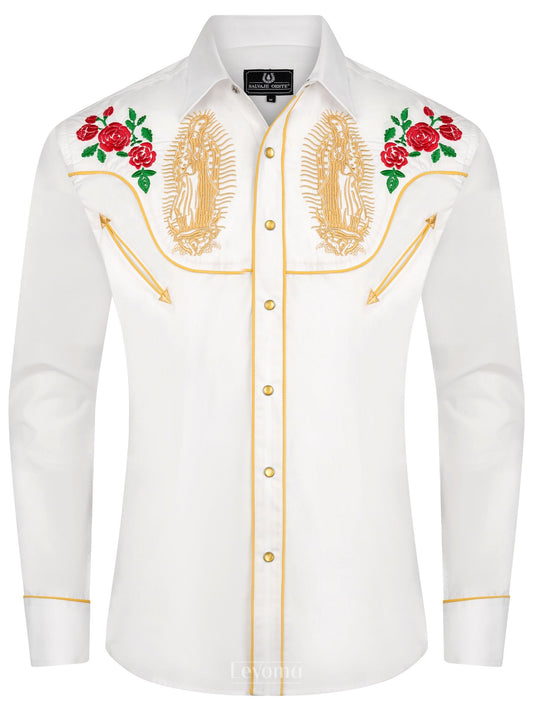 Mother Mary White Men's Embroidered Western Pearl Snap Shirt