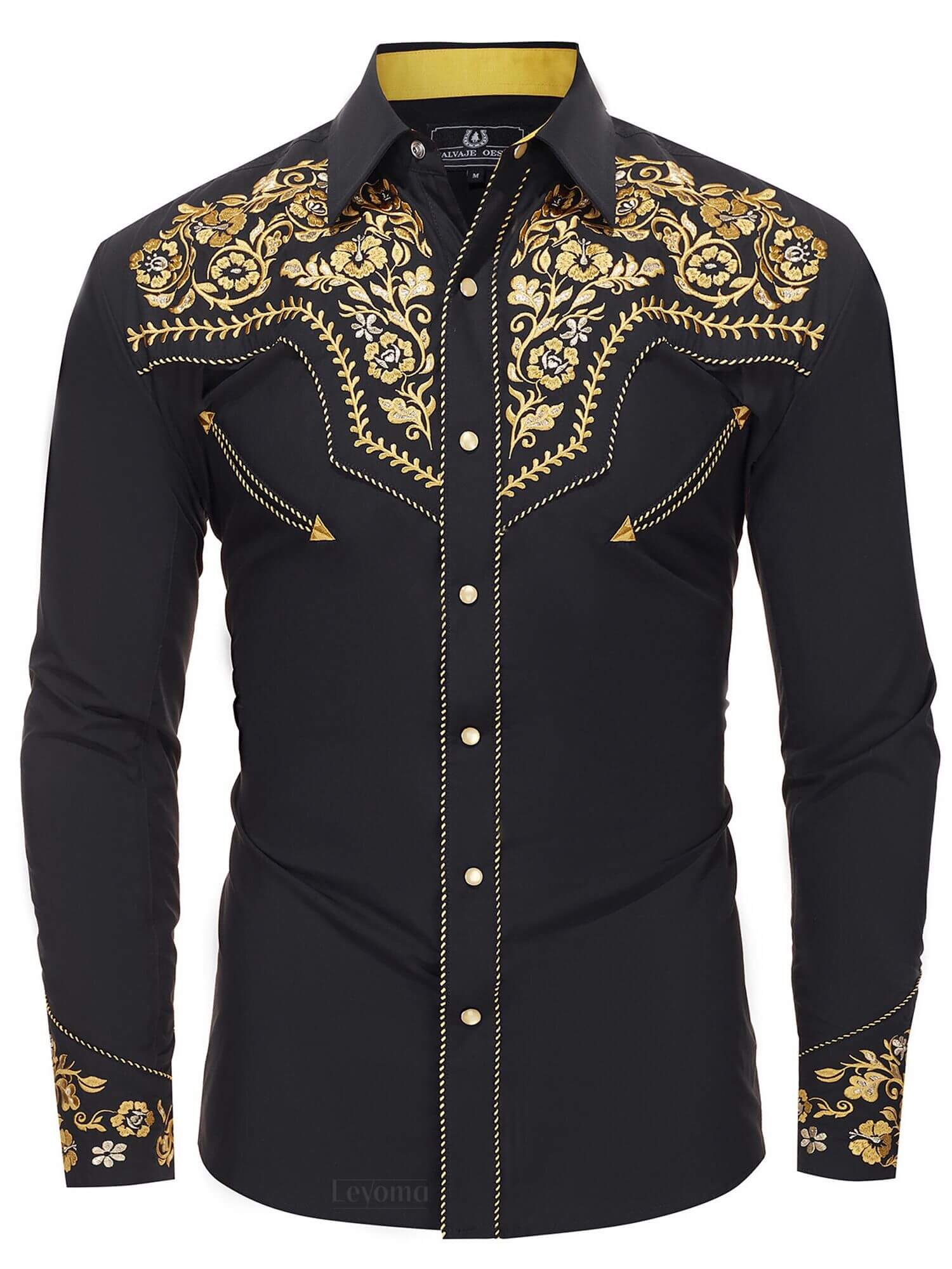 Mens Black & Gold Floral Embroidered Cowboy Western Pearl Snap Shirt Mens Black & Gold Floral Embroidered Cowboy Western Pearl Snap Shirt