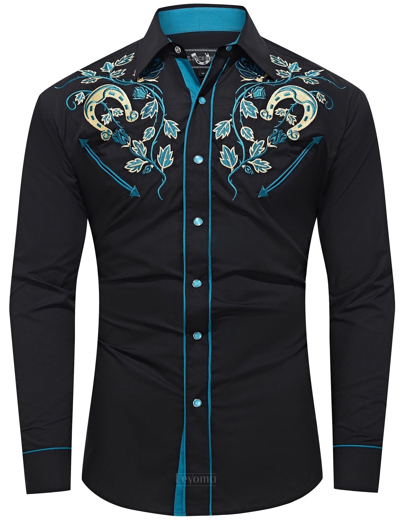 Men's Black Aqua Horseshoe Embroidered Western Cowboy Shirt – Leyoma