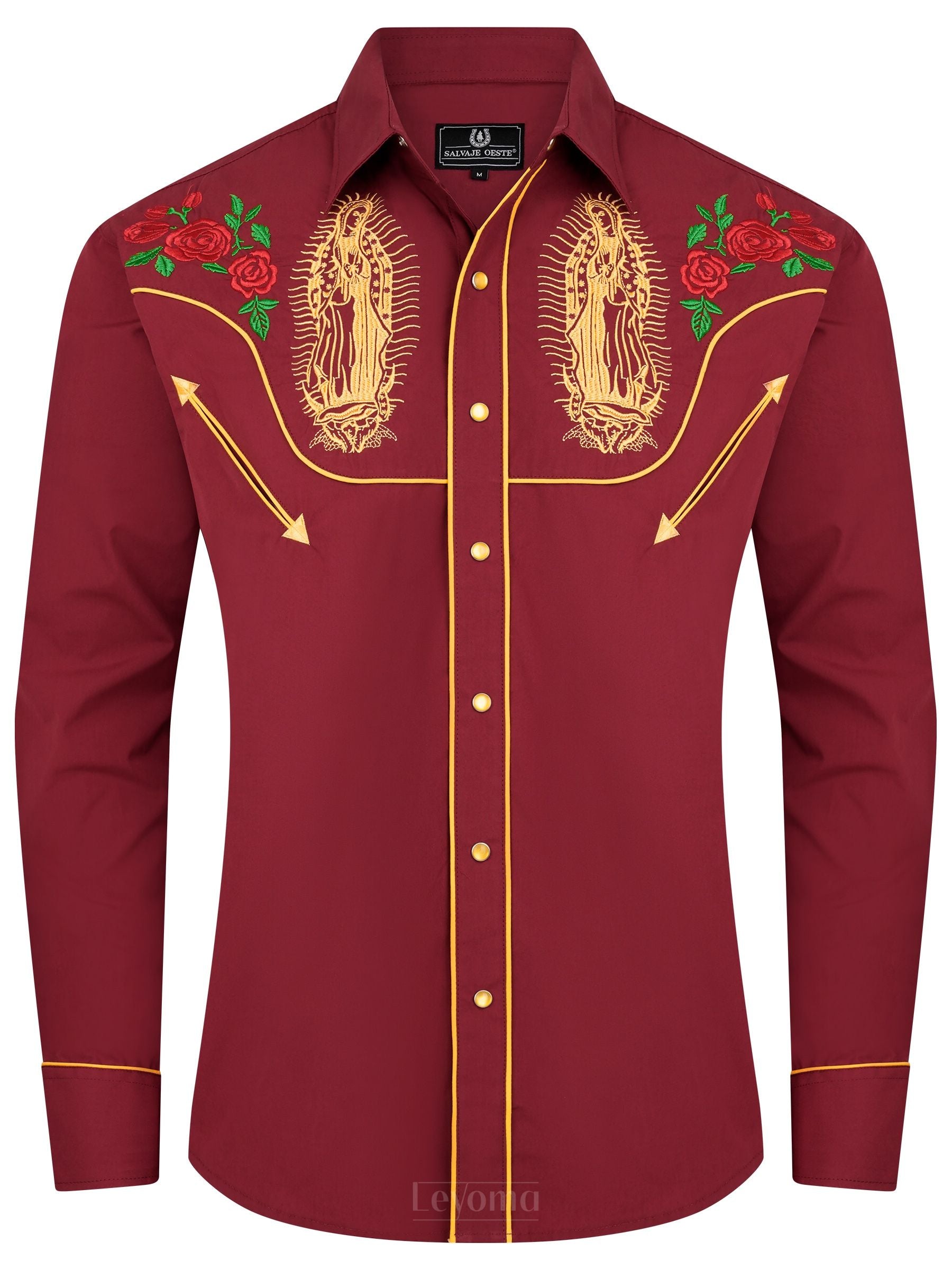 dark red dress shirt Mother Mary Ruby Embroidered Pearl Snap Shirt – Leyoma