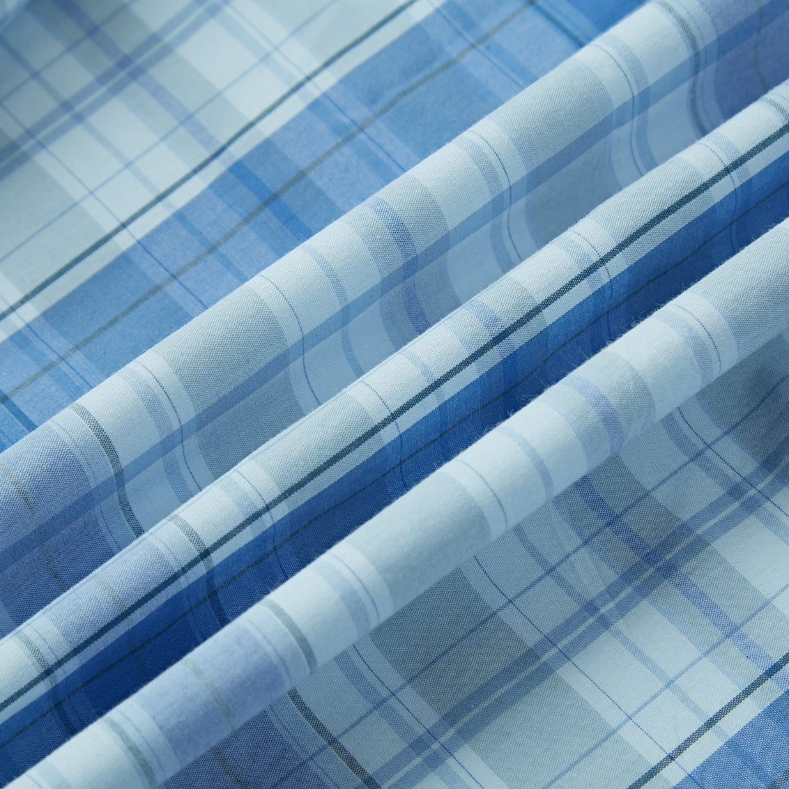 Ice blue plaid men's long-sleeve western pearl snap shirt - fabric detail
