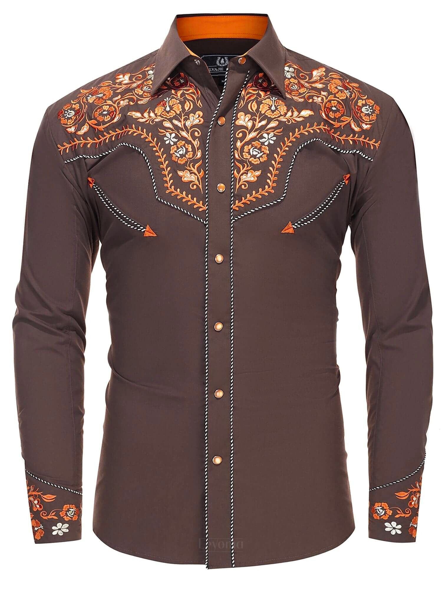 Men's Saddle Brown Embroidered Western Pearl Snap Shirt
