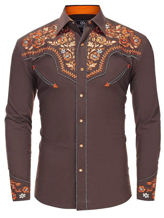 Saddle Brown Men's Embroidered Western Pearl Snap Shirt