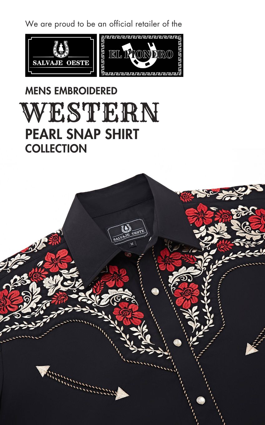 Black and red floral embroidered western pearl snap shirt from Leyoma’s best‑selling Men’s Western Embroidered Pearl Snap Shirt Collection