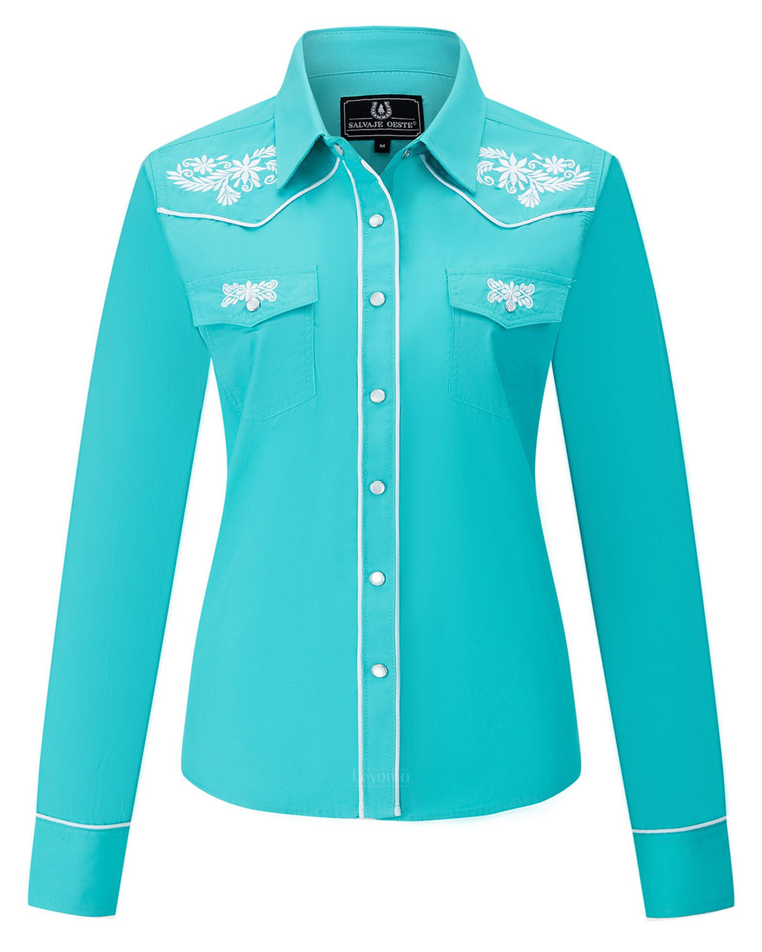 Green floral embroidered women's western pearl snap shirt - detail view