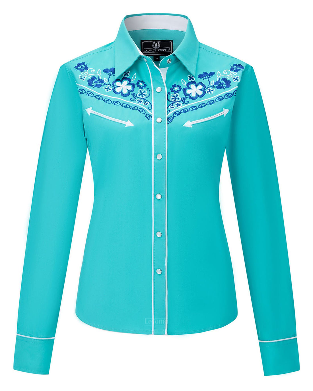 White floral embroidered women's western pearl snap shirt - detail view
