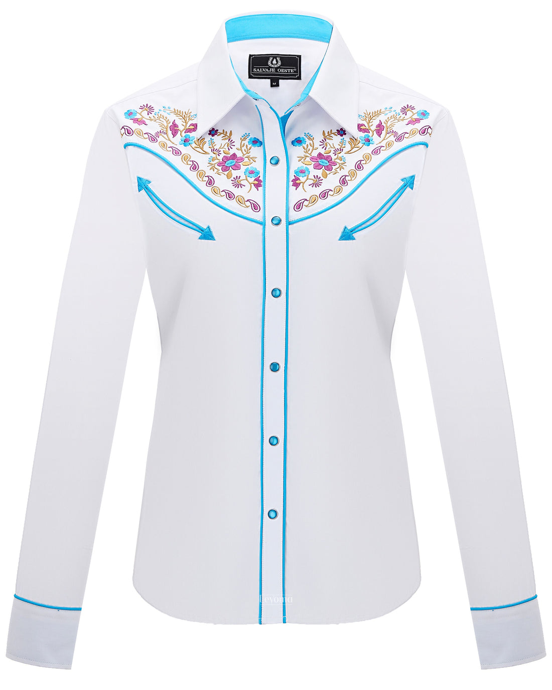 White floral embroidered women's western pearl snap shirt - front view