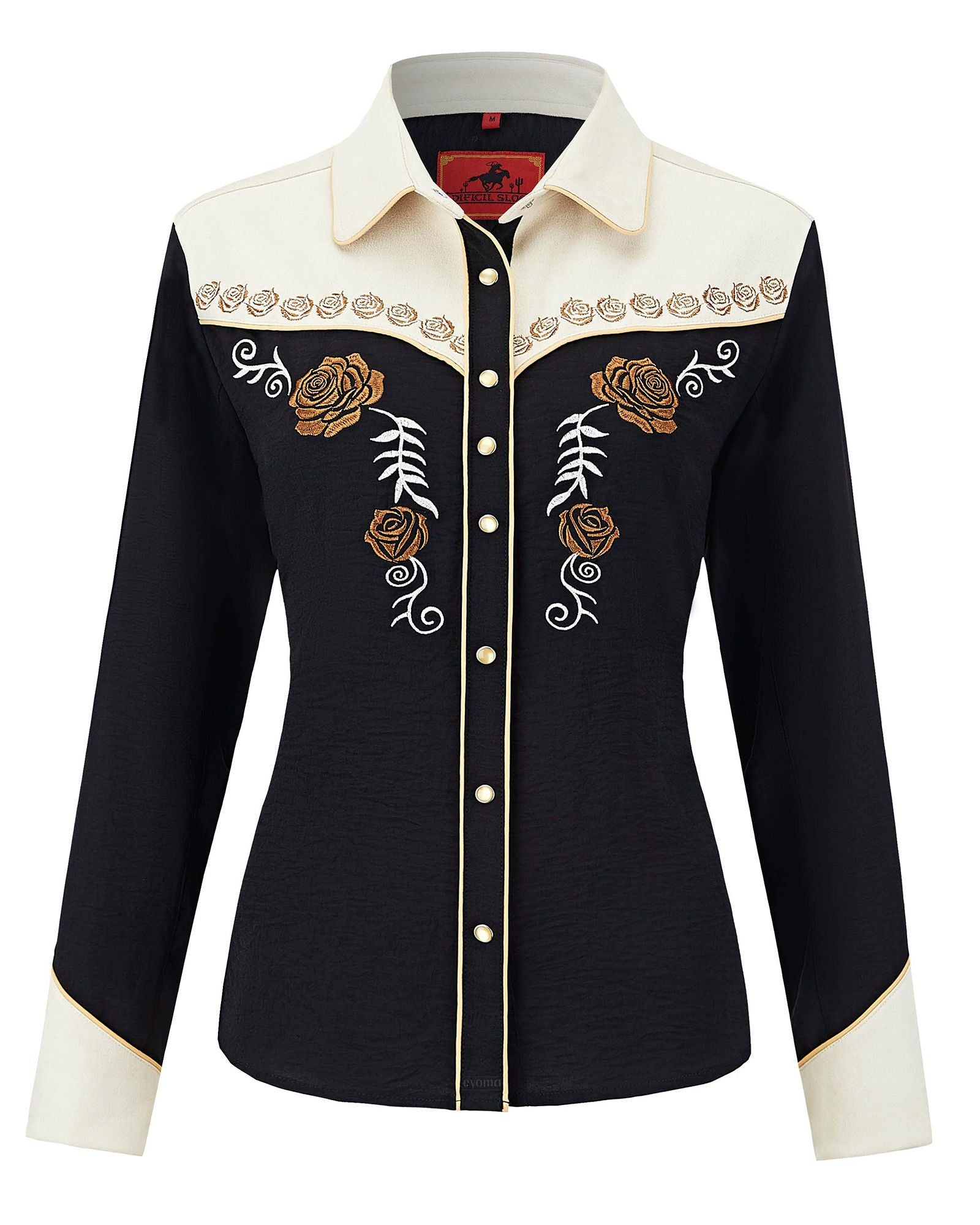 Women's Cream & Black Western Rose Embroidered Pearl Snap Long