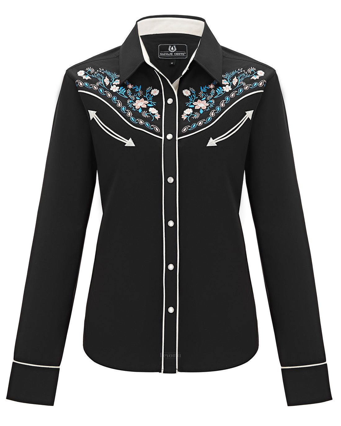 Black floral embroidered women's western pearl snap shirt - front view