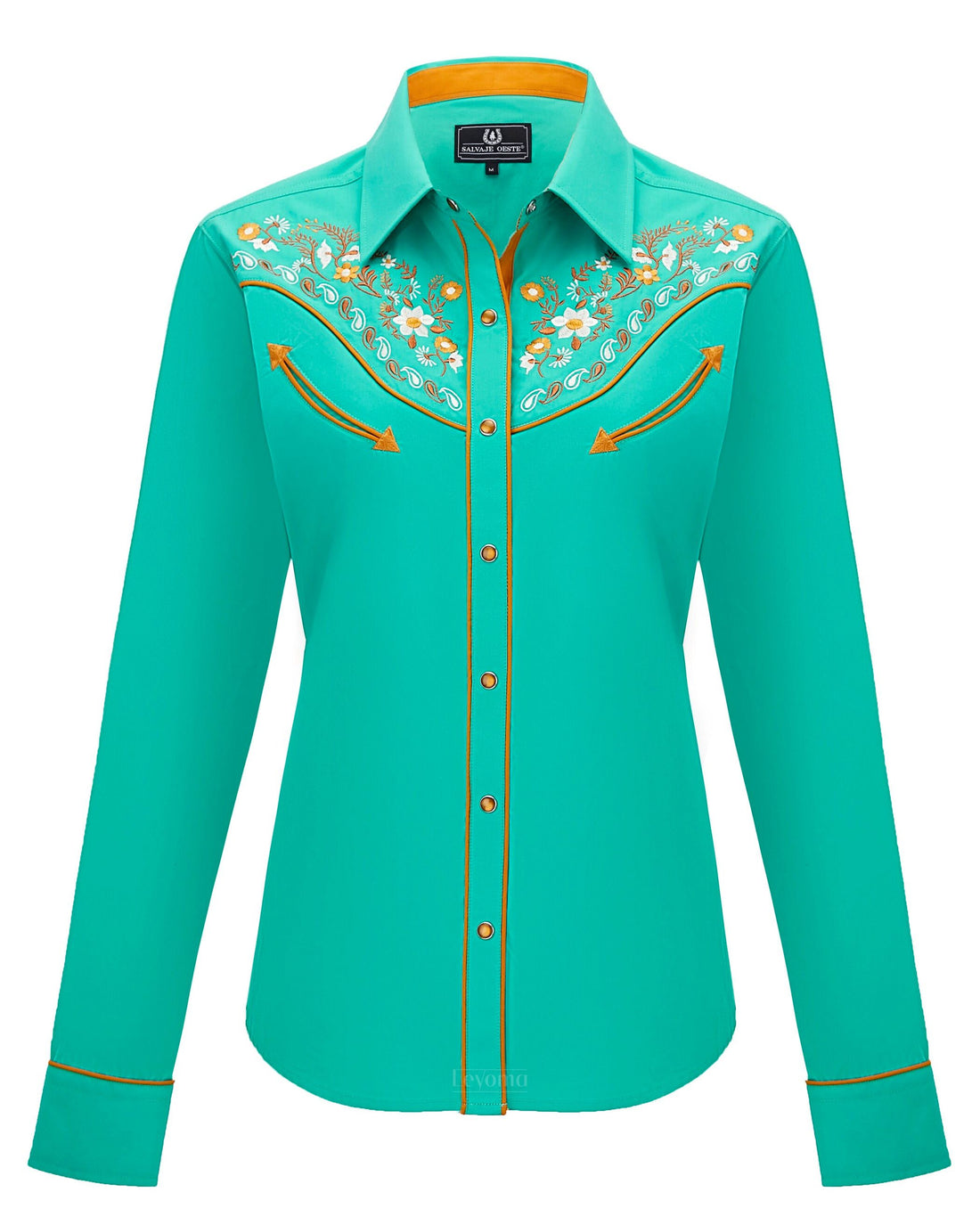 Blue and green floral embroidered women's western pearl snap shirt - front view