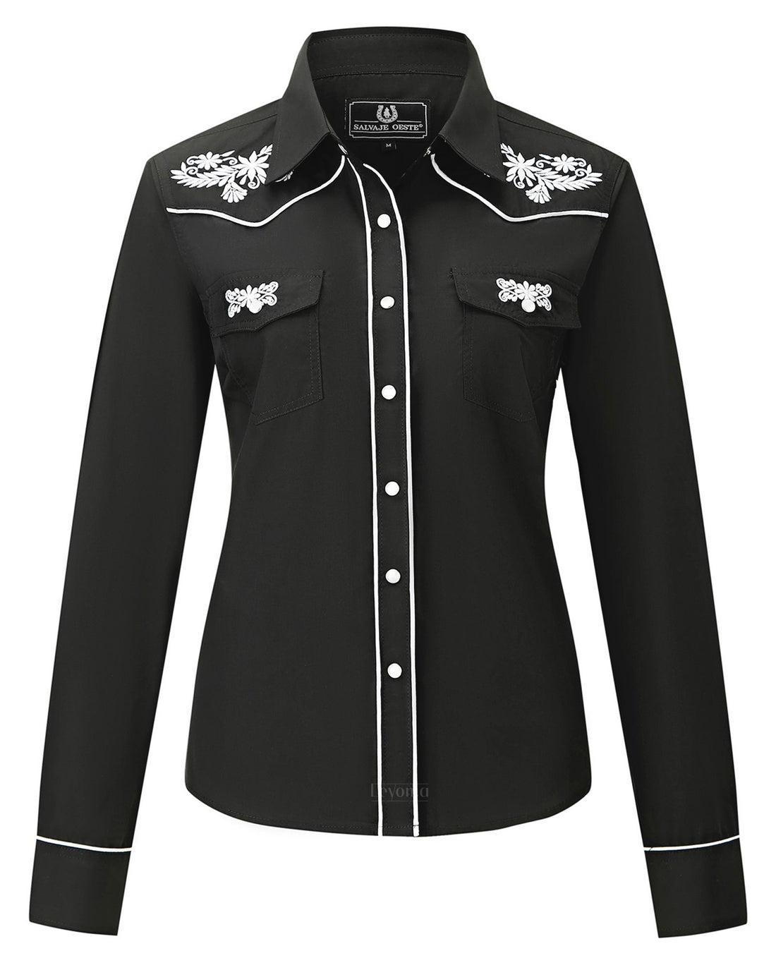 Black floral embroidered women's western pearl snap shirt - detail view
