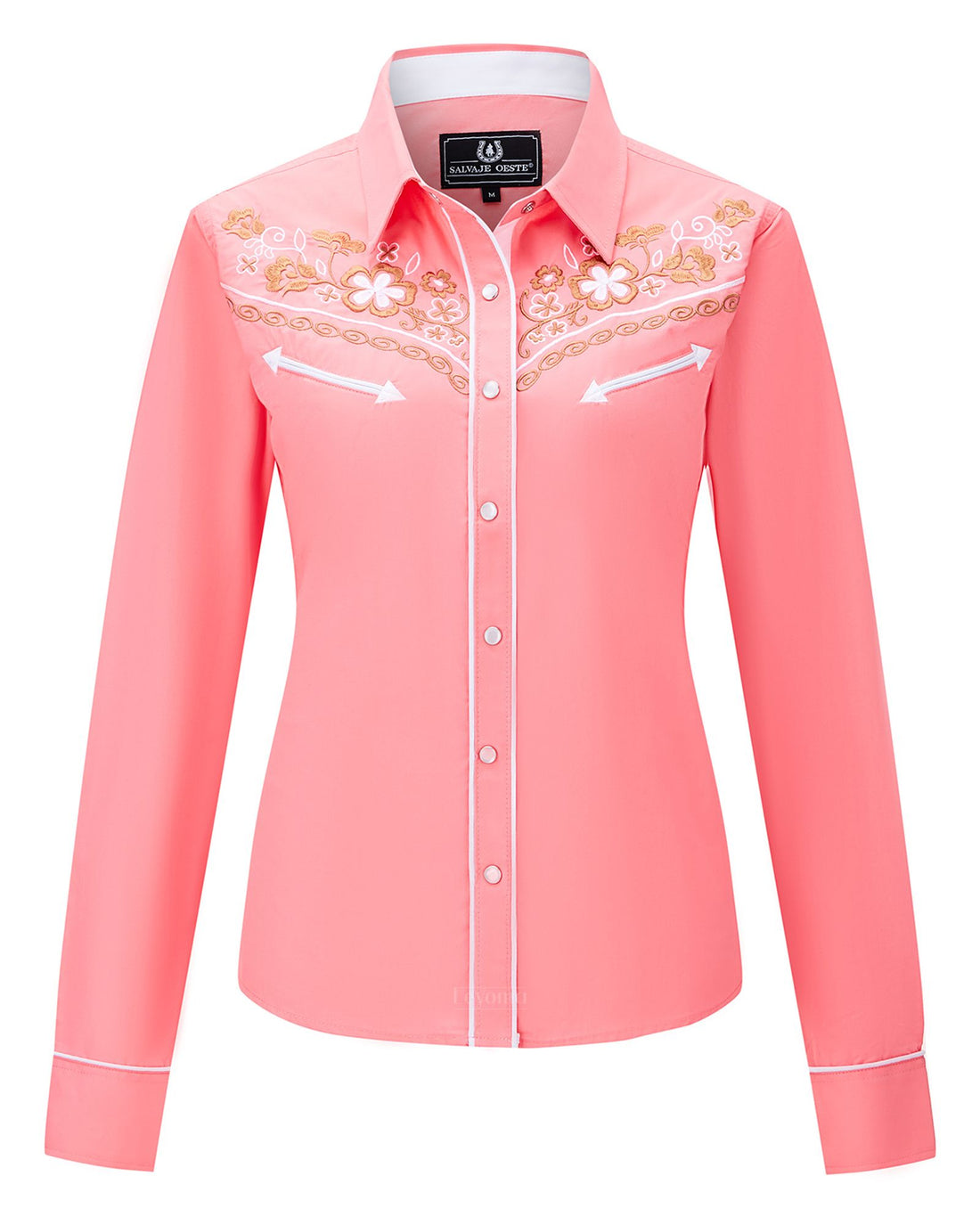 White and yellow floral embroidered women's western pearl snap shirt - detail view