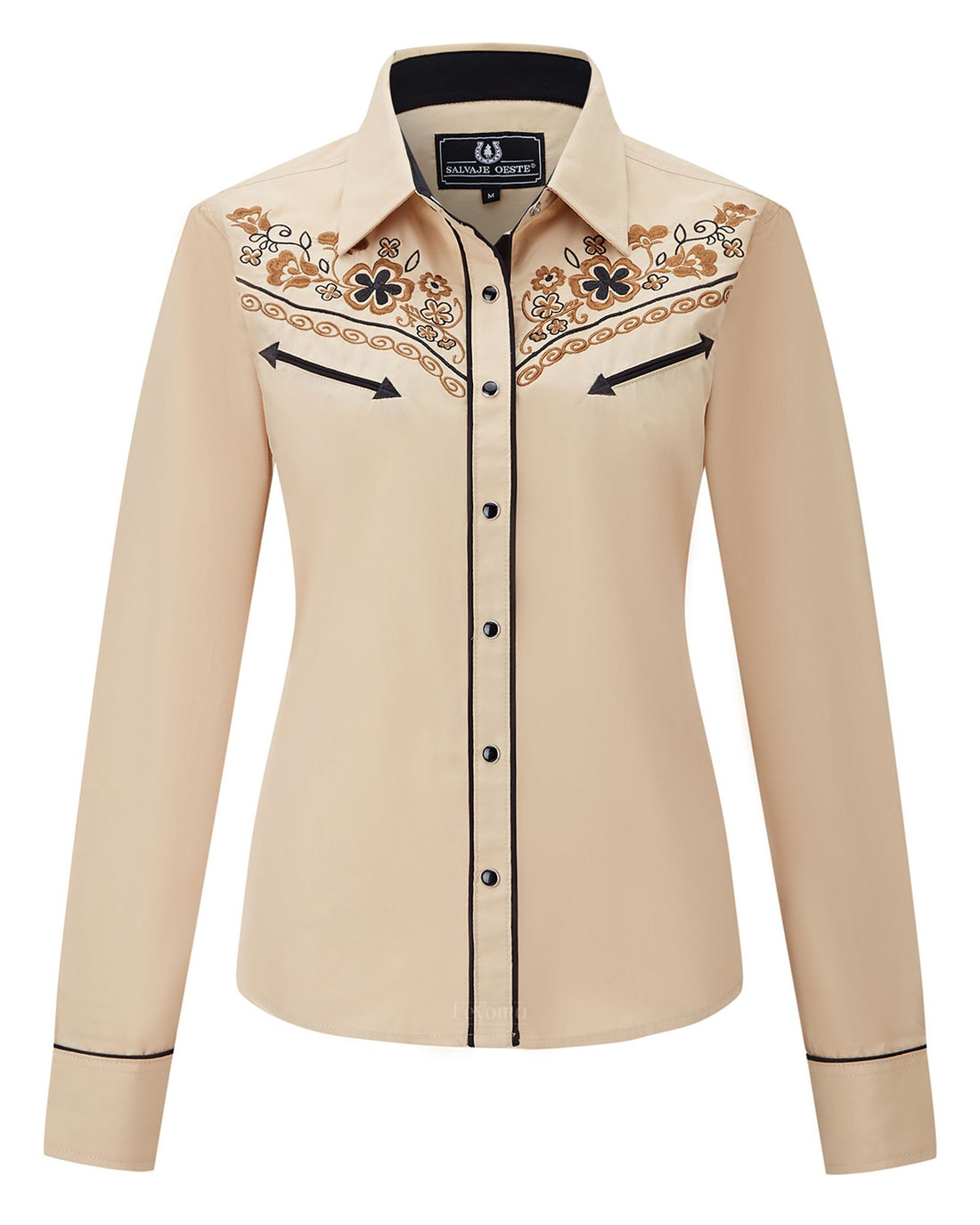 Beige floral embroidered women's western pearl snap shirt - detail view