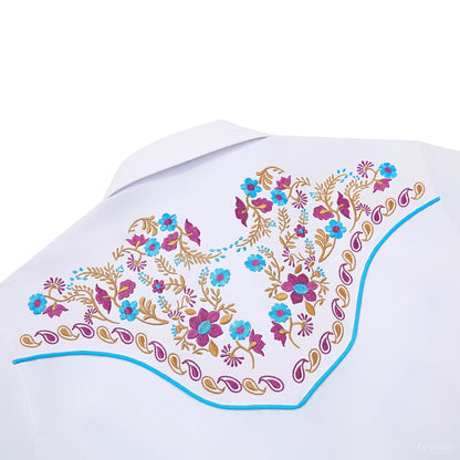 Women's White Floral Embroidered Western Pearl Snap Shirt