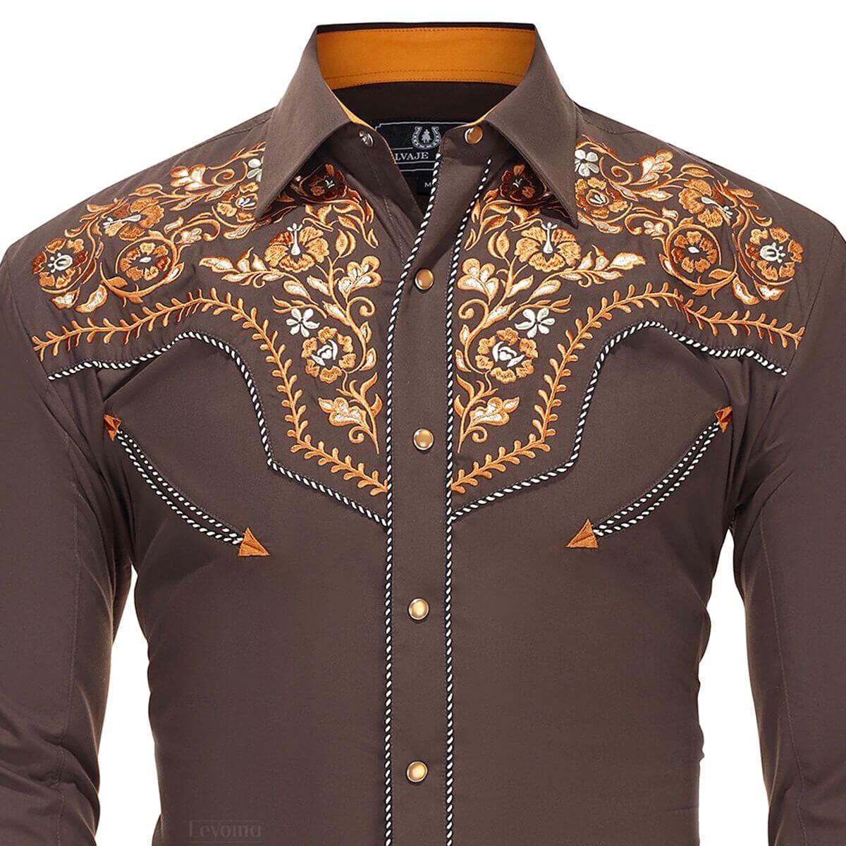 Saddle Brown Men's Embroidered Western Pearl Snap Shirt