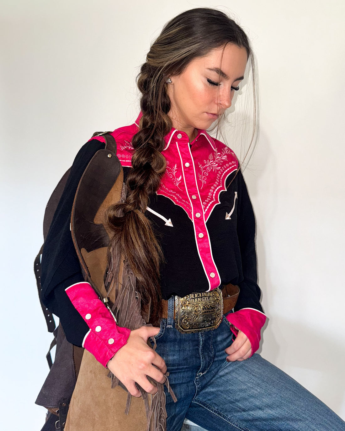 Orange and red floral embroidered women's western pearl snap shirt - detail view