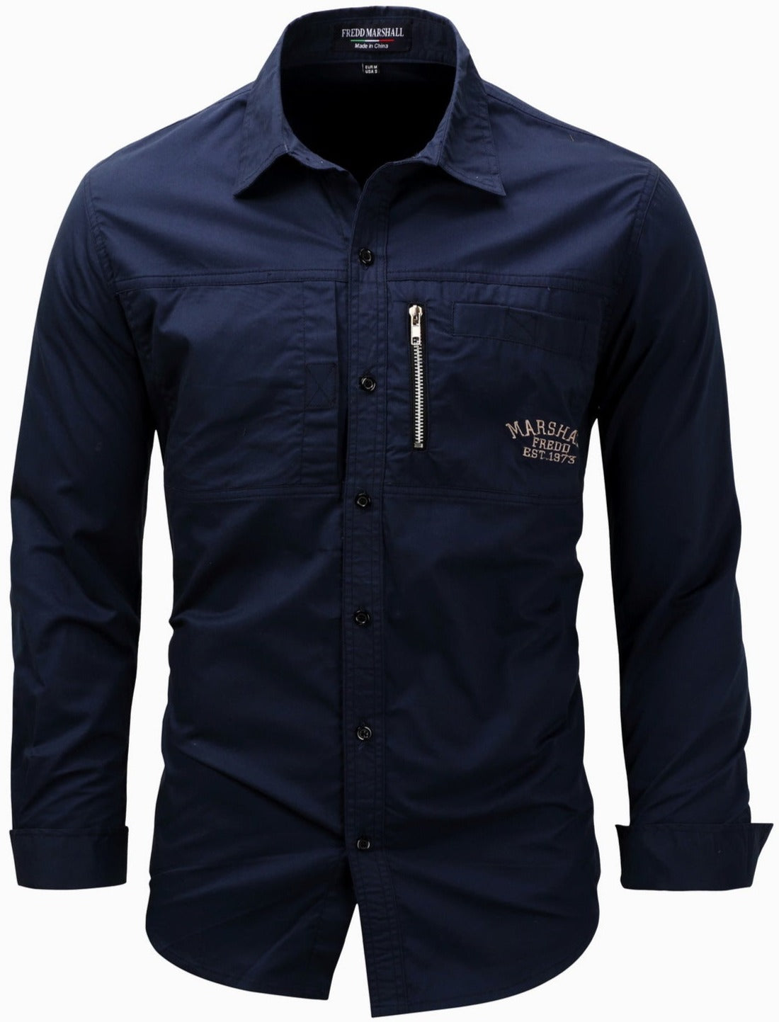 Men's Cotton Long Sleeve Single-Zip Button Down Shirt