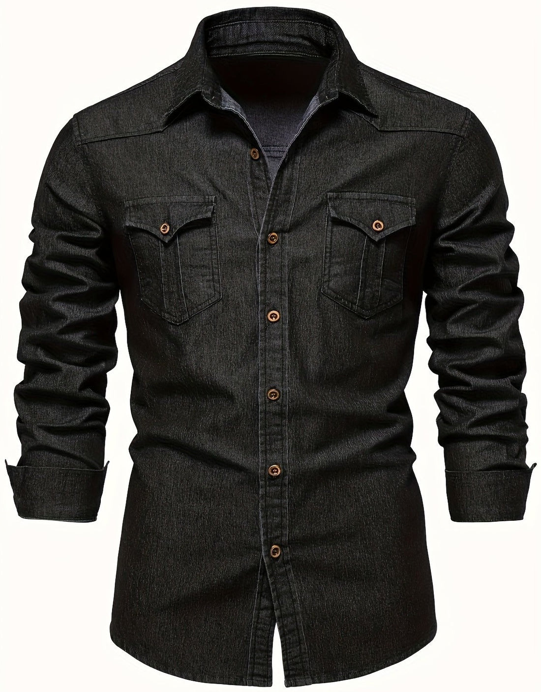 Black and blue men's denim button-up shirt - detail view