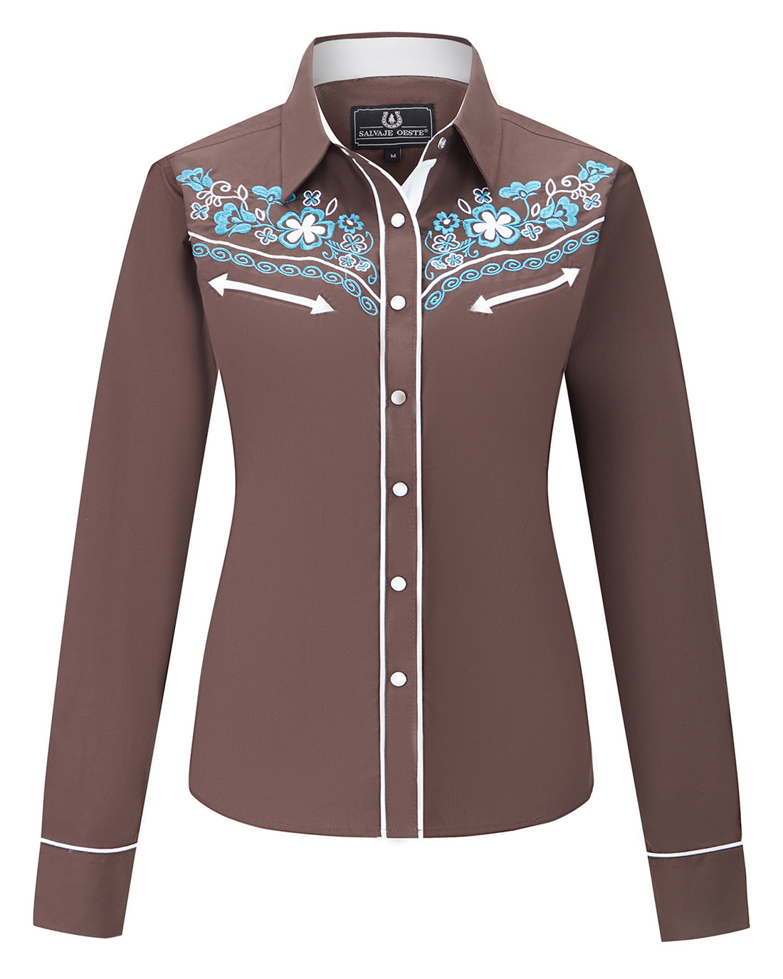 Brown floral embroidered women's western pearl snap shirt - detail view