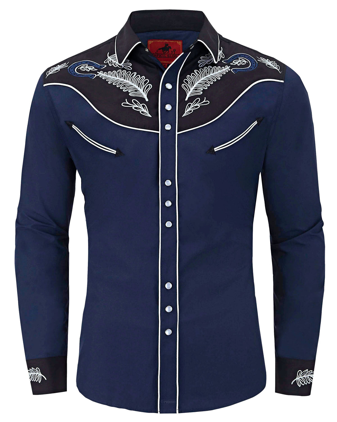 Blue and black floral embroidered men's western pearl snap shirt - styled look