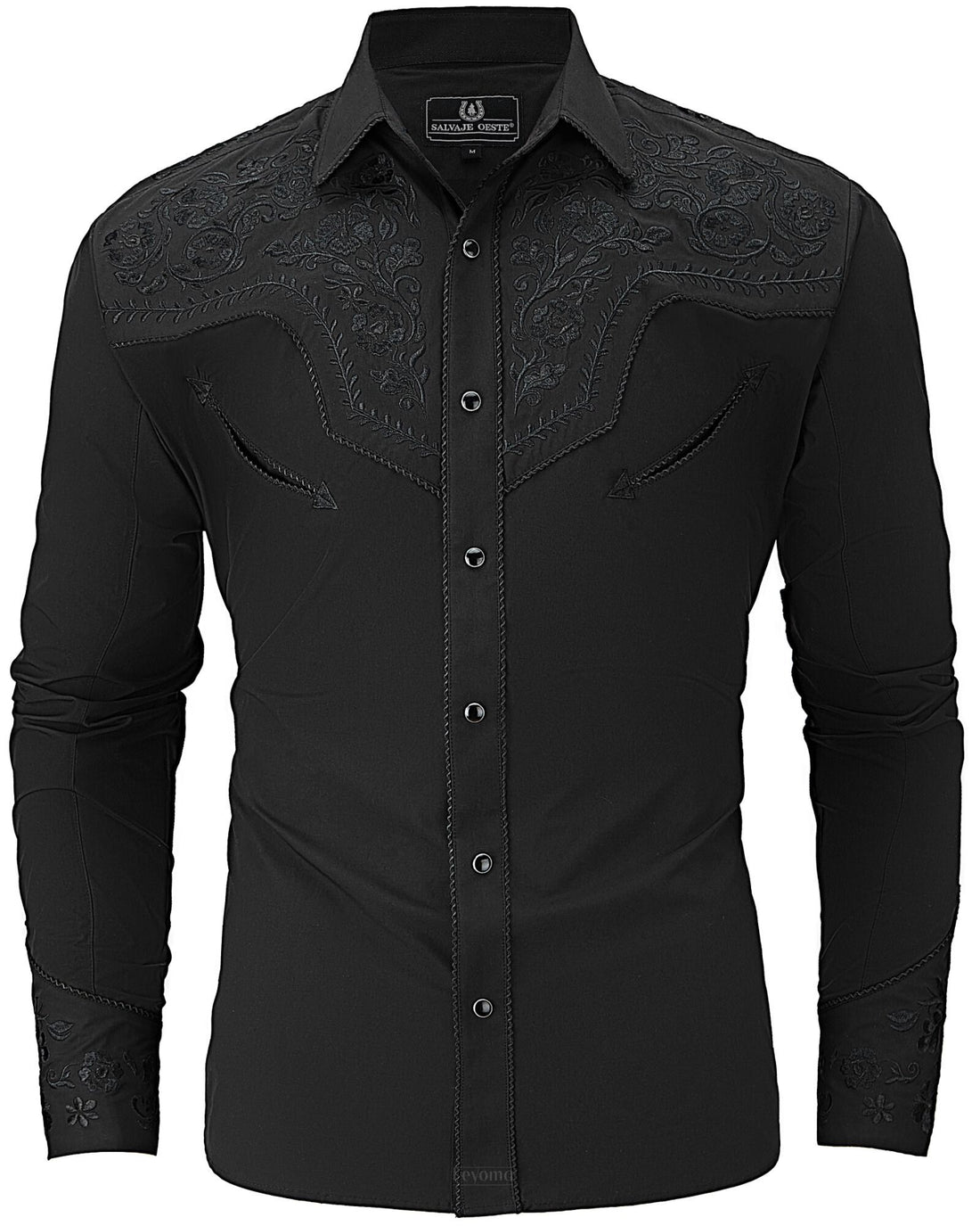 Black floral embroidered men's western pearl snap shirt - styled look