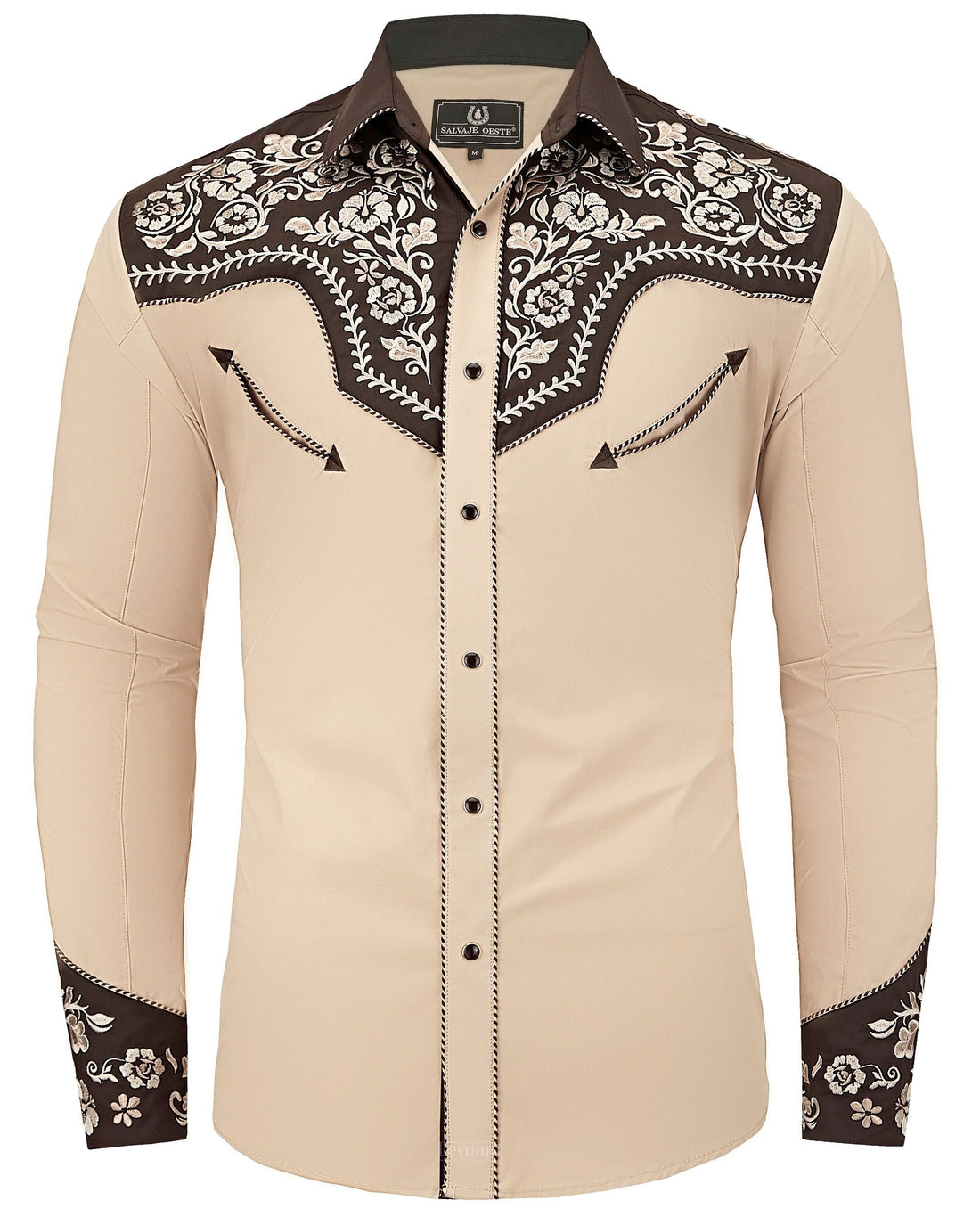 Beige and brown floral embroidered men's western pearl snap shirt - styled look