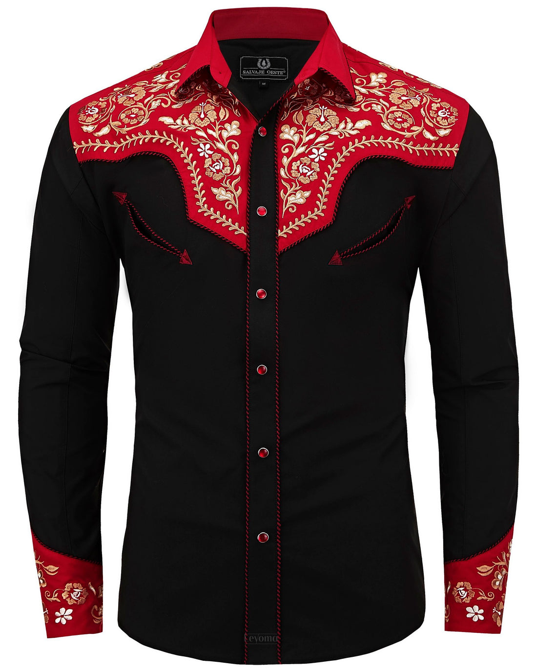 Black and red floral embroidered men's western pearl snap shirt - styled look