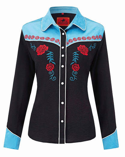 Women's Blue Valentine Embroidered Western Pearl Snap Shirt