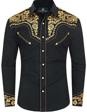 black and yellow dress shirt Black Yellow Floral Long Sleeve Men Button up Shirt, Leaves Flowers Print Casual Buttoned Collared Designer Guys Dress Shirt Chest Pocket