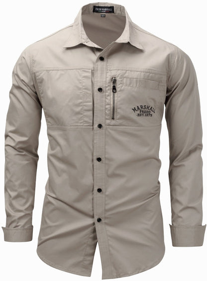 Men's Cotton Long Sleeve Single-Zip Button Down Shirt